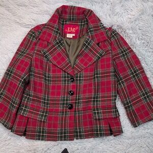 LAL Jacket Womens L Red Plaid Wool Blend Blazer Coat Preppy Cozy Faux Pockets